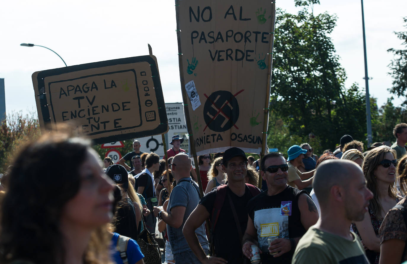 Fotos: Centenares de negacionistas se manifiestan entre Irun y Hendaia y cierran el puente de Santiago