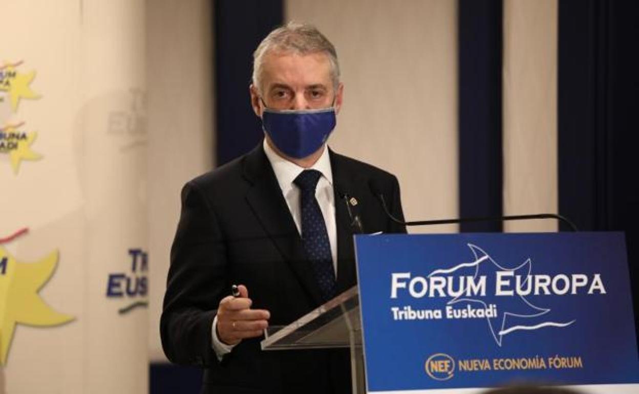 El lehendakari, Iñigo Urkullu, esta mañana en la comparecencia en Bilbao del Foro Europa. 