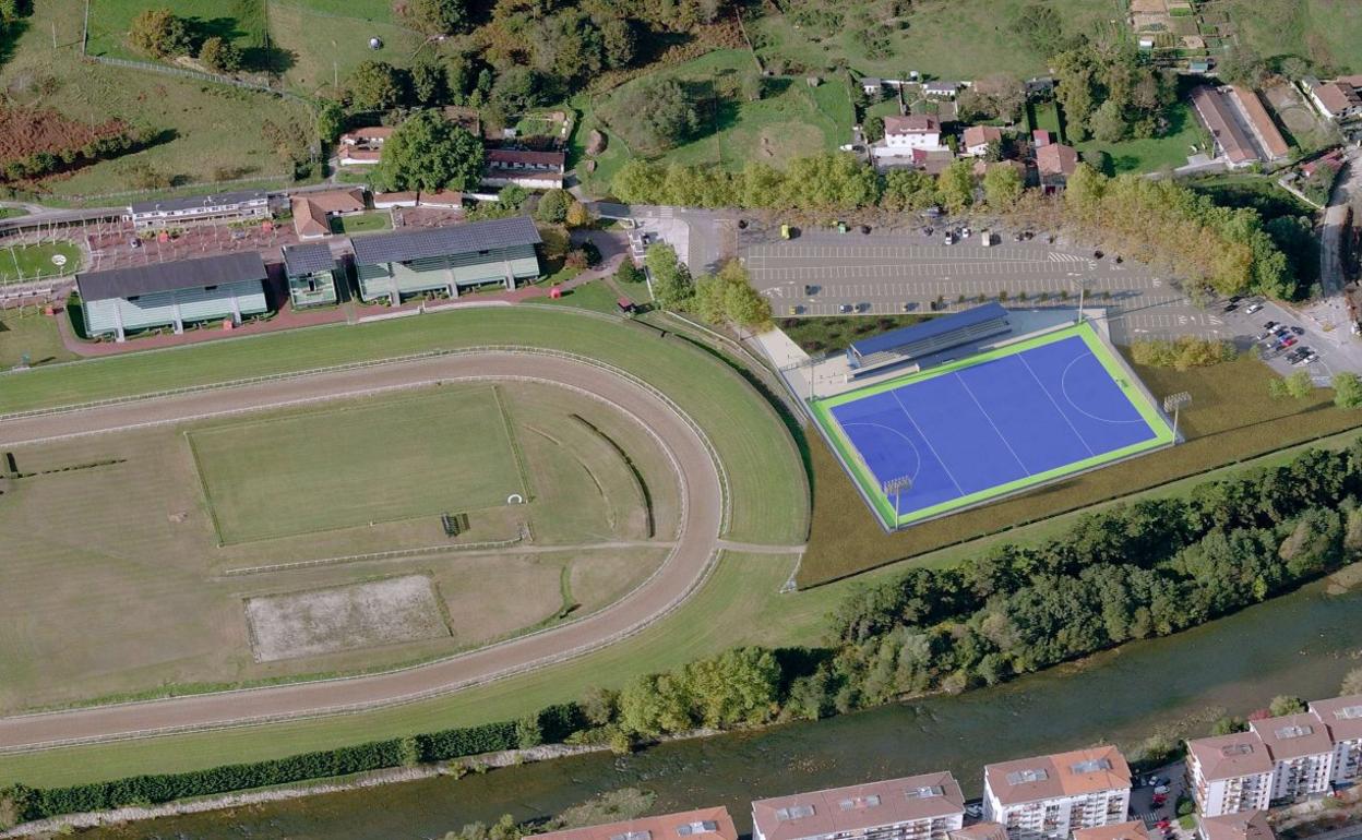 Vista aérea virtual del campo de hockey en Zubieta, junto al hipódromo y el río Oria. 