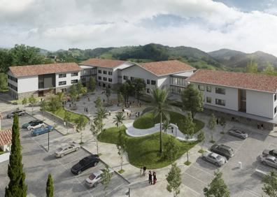 Imagen secundaria 1 - La residencia, en el barrio Kalezar de Usurbil, estará lista para finales de 2022. La superficie donde se encuentra el centro tiene 12.017 metros cuadrados. Por la parte trasera, donde están las unidades psicogeriátricas, el edificio tiene vistas al valle del Oria. 