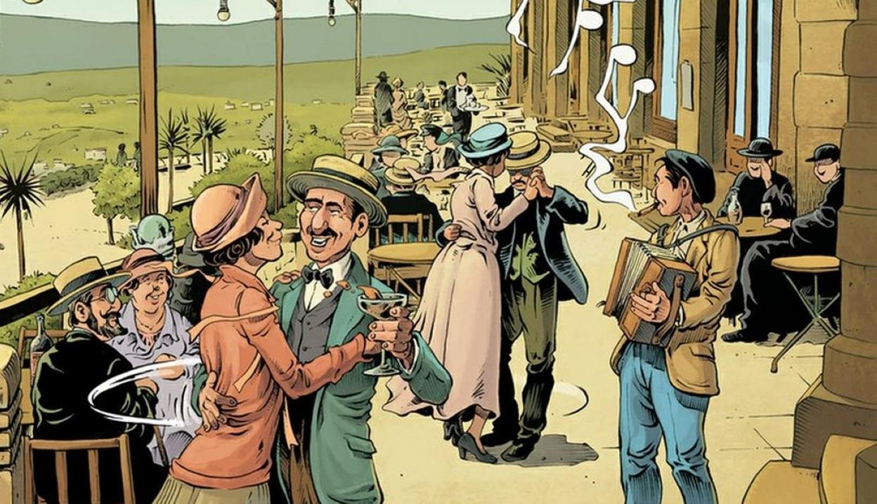 Una de las viñetas del cómic con Elgeta y su inseparable puro mientras ameniza un baile. 