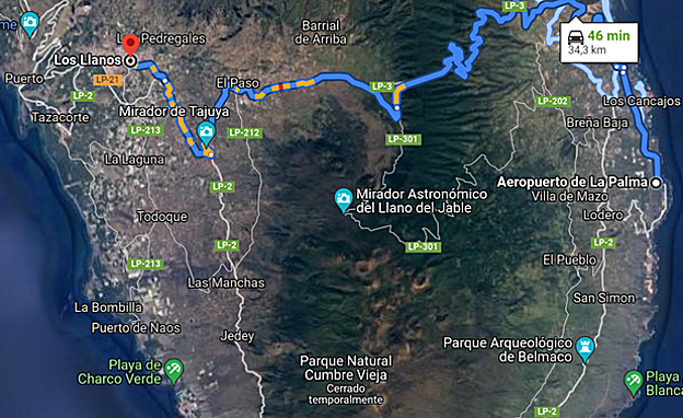 Recorrido desde el aeropuerto de La Palma hasta Los Llanos de Aridane. 