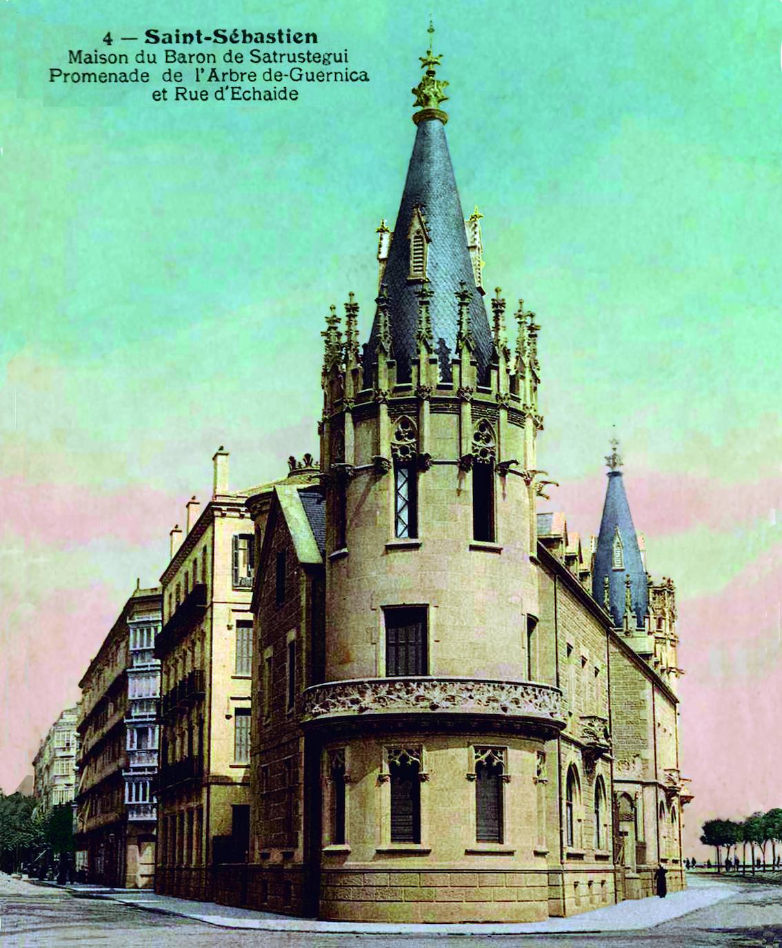 Postal coloreada de 1903. Las torres, entre la calle Etxaide y el paseo de los Fueros. 