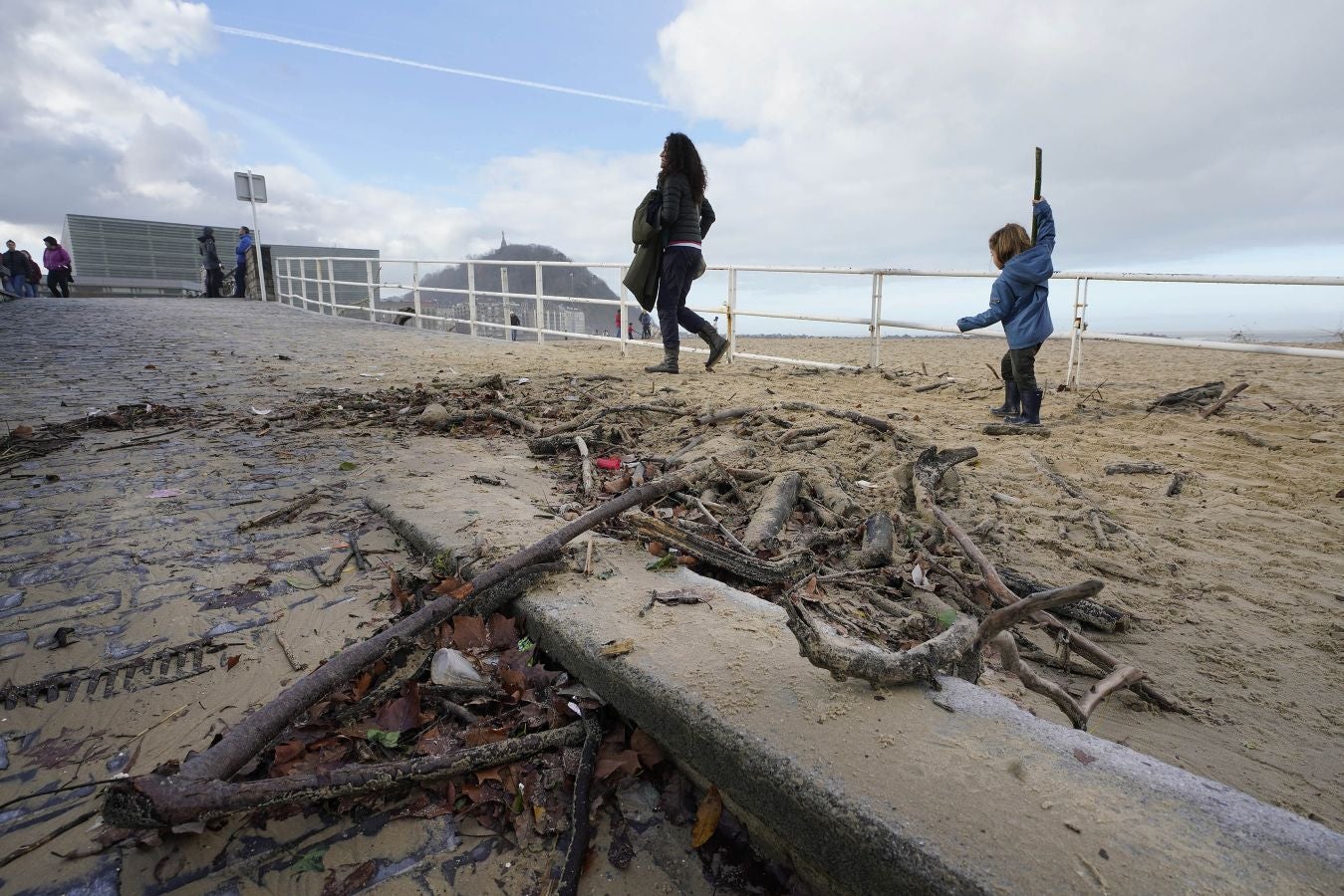 El arenal de la Zurriola se ha cubierto de troncos tras el paso de la borrasca 'Barra'.