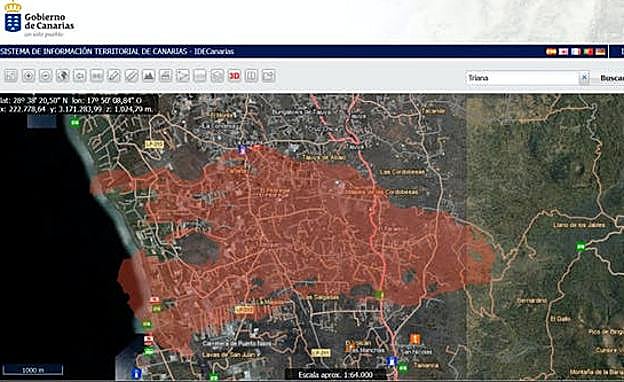 Zona afectada por la erupción según el visor Grafcan. 