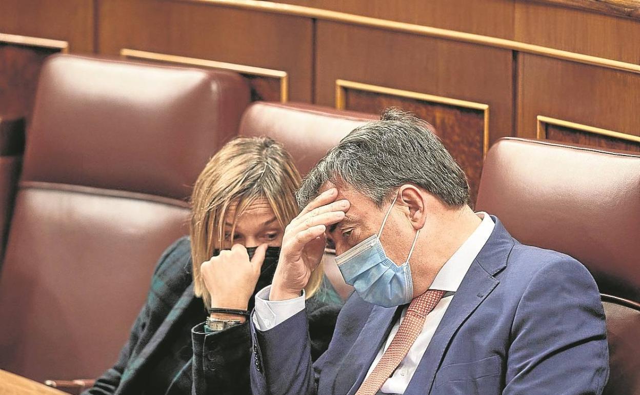 El portavoz del PNV, Aitor Esteban, junto a la diputada jeltzale Idoia Sagastizabal, ayer.