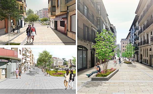 Infografías que recogen las propuestas de peatonalización del Gobierno municipal para las calles Legia (arriba), Fueros (derecha arriba) y Berrotaran (derecha abajo). 