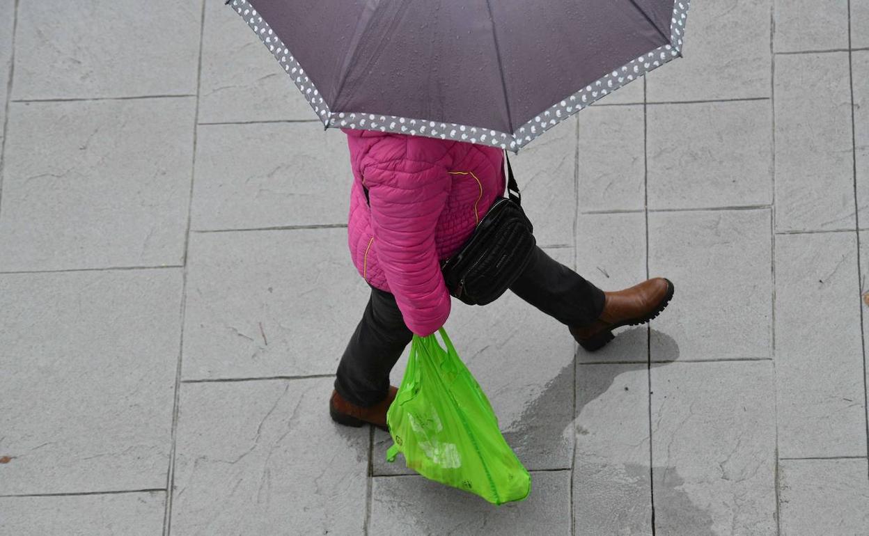 Una mujer camina por una calle de Eibar con un paraguas y la bolsa de la compra.