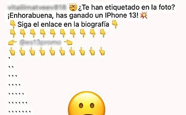 Mensaje que los ciberdelincuentes hacen llegar a sus víctimas a través de Instagram