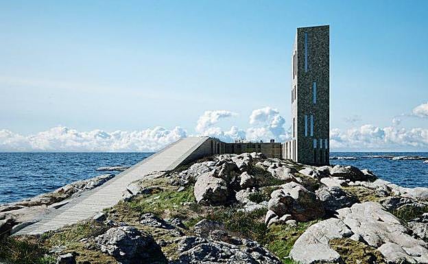 Imagen principal - Recreación del hotel y el arquitecto y la empresaria en la isla. 