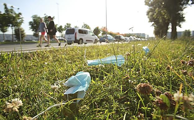 Mascarillas tiradas en el suelo en el anillo verde de Vitoria (País Vasco) en la desescalada durante el estado de alarma.