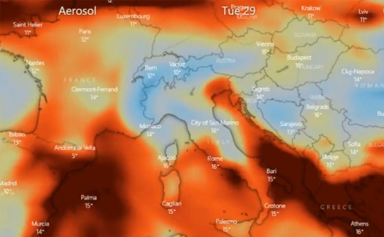 La previsión de Copernicus para este próximo martes por la mañana.