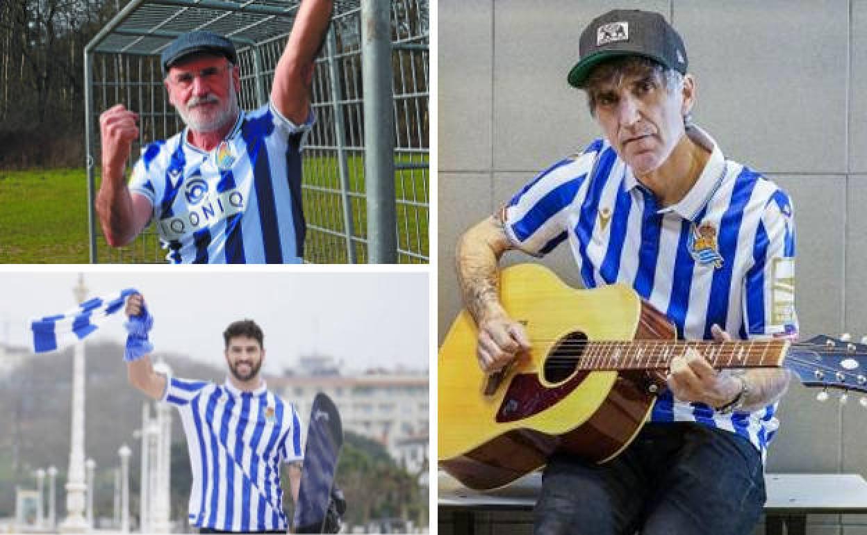 Fernando Aramburu, Lucas Eguibar y Mikel Erentxun, tres realistas declarados que mostraron su apoyo a la Real Sociedad en los días previos a la final de Copa.