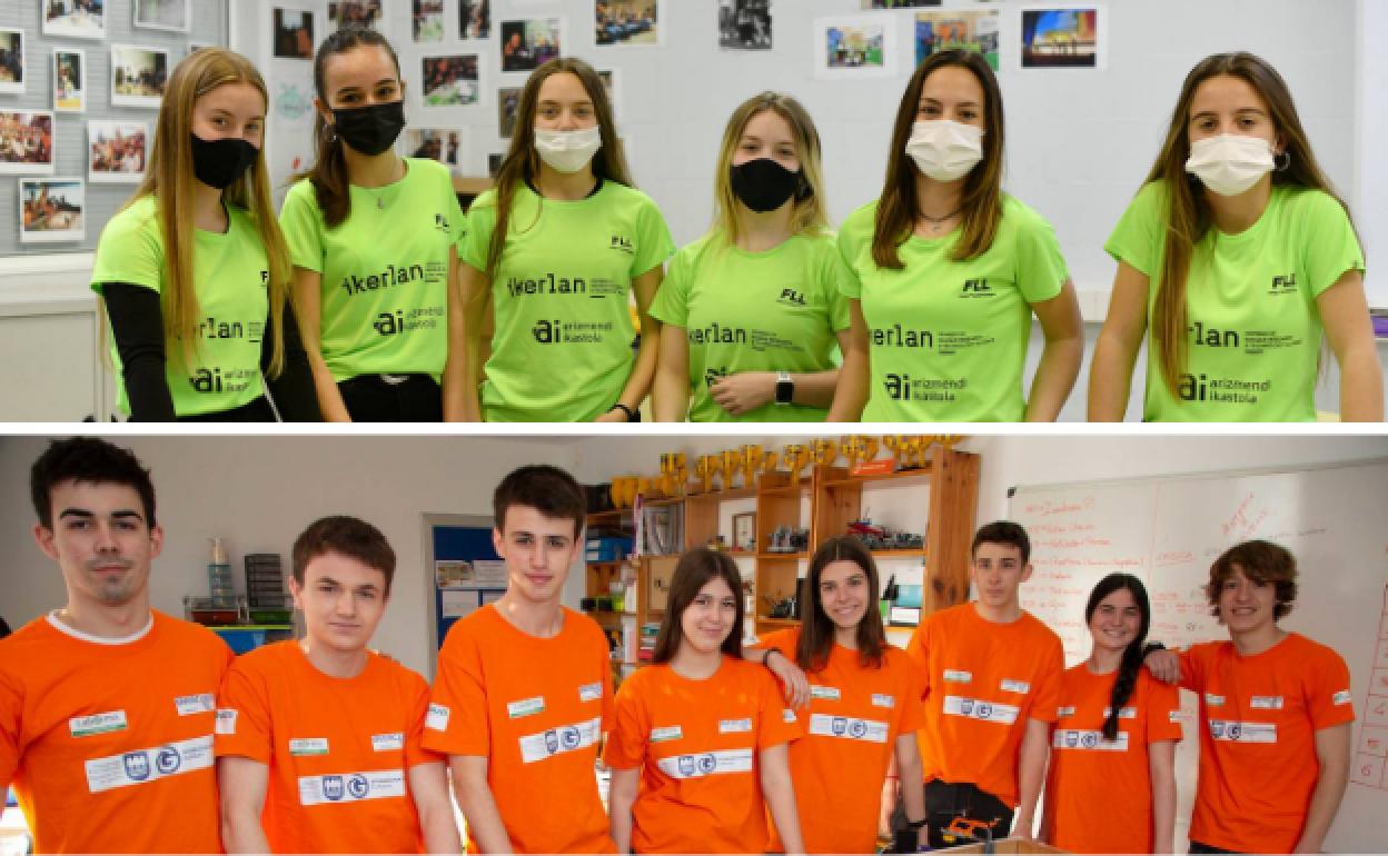 Representantes de Arizmendi Ikastola y Axular Lizeoa, que participarán en la final del torneo First Lego League.