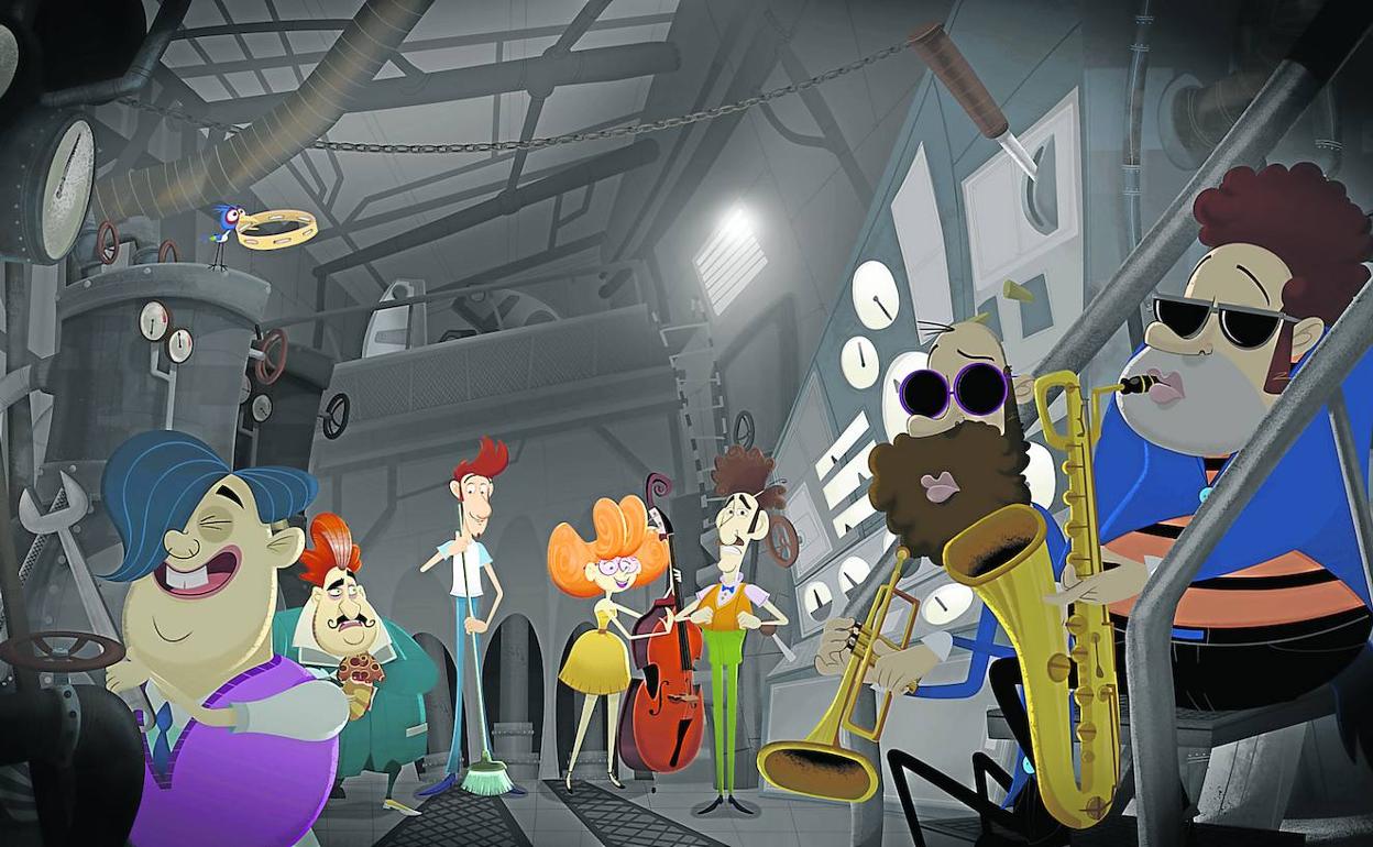 Alguno de los miembros de la banda, con Manu tocando la escoba en el centro, en uno de los surrealistas escenarios. 