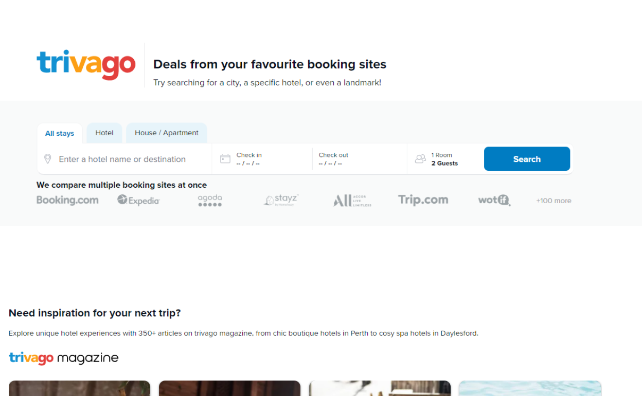 Página de inicio del comparador de precios de hoteles Trivago