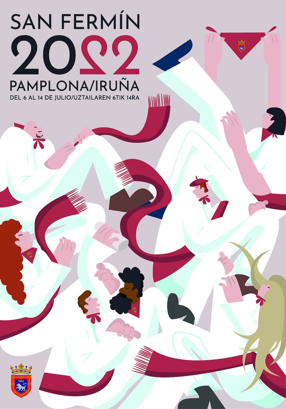 CARTEL 1. BETI BEZALA. "Este cartel esta compuesto por figuras modernistas que representan la multitud de las fiestas de San Fermín, como siempre, beti bezala, se genera una aura de felicidad y harmonía de colores"