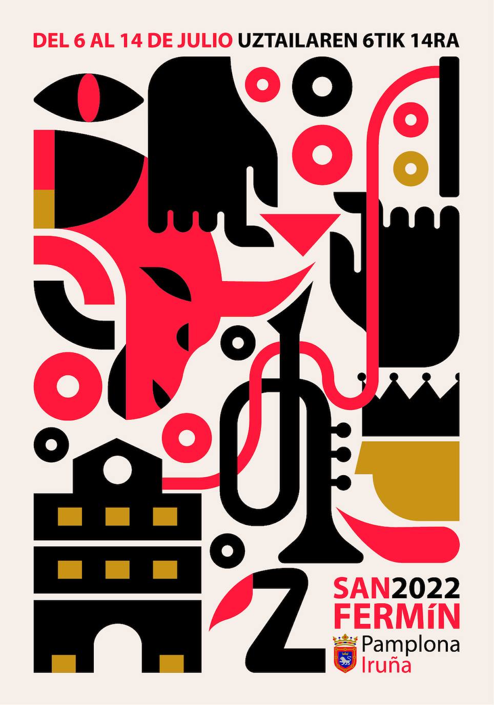 CARTEL 6. POR FIN DE VUELTA. "Reflejo de aquello que hacía falta y ha vuelto. Diseño minimalista reflejando elementos importantes.Se destaca el recorrido del encierro y la persona como componente esencial alrededor de la fiesta".