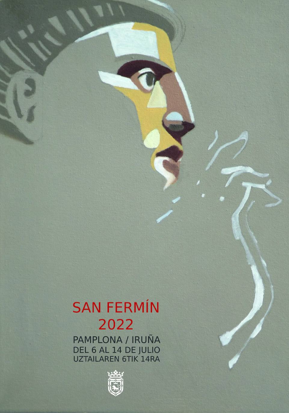 CARTEL 9. BENDICE LA FIESTA. "El cartel ensalza la figura del Santo como una luz en un vacío, tras dos años de ausencia. Su imagen predomina en un fondo neutro con una ligera abstracción de formas y colores cálidos".