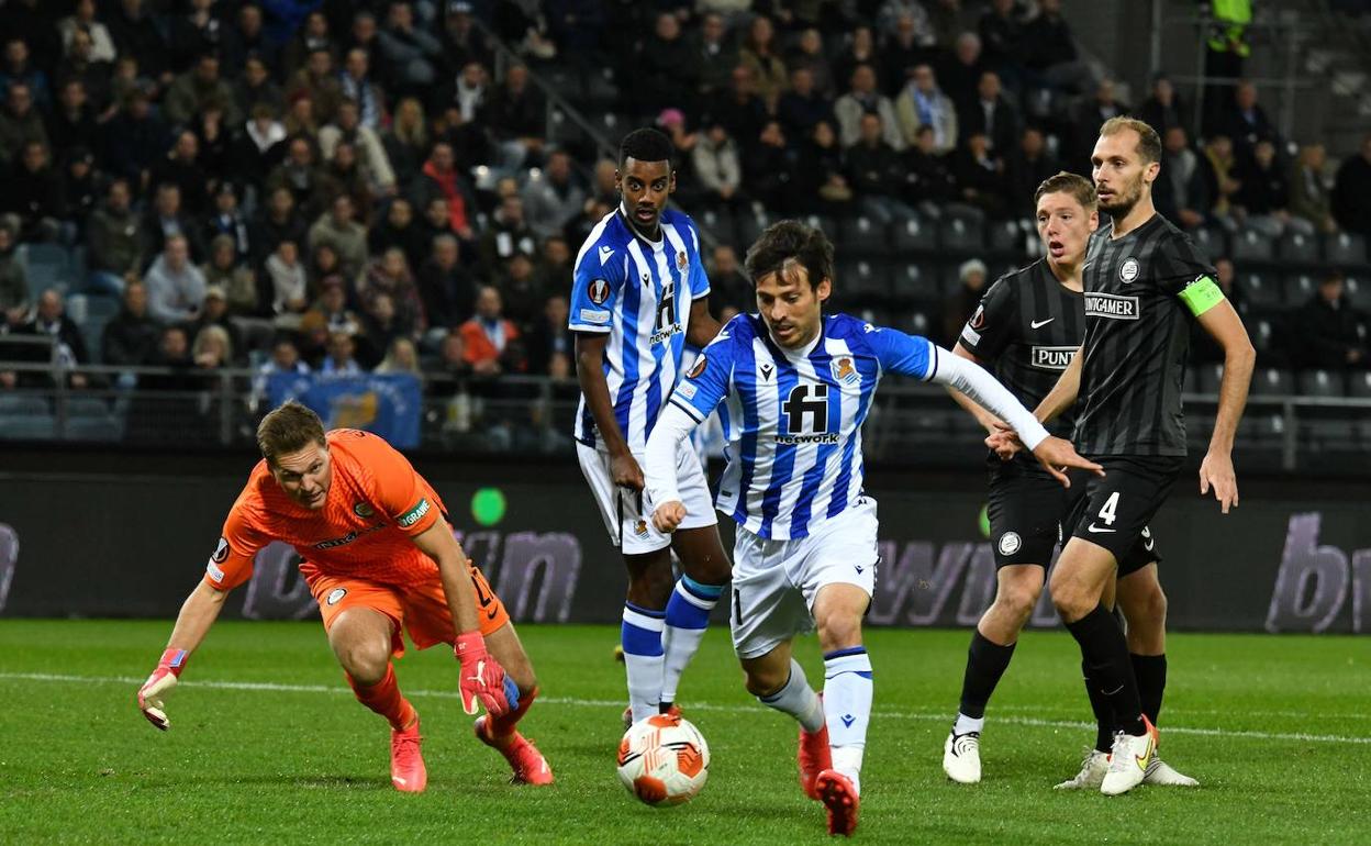 David Silva en un momento del encuentro de la fase de grupos de la pasada Europa League contra el Sturm Graz.