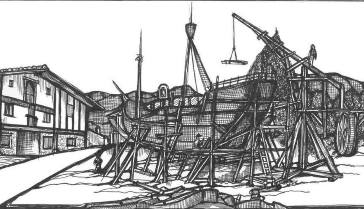 Dibujo de Xabi Ilarregi que hizo para la etiqueta de la Sidrería Arizia, donde se ve el barco, el caserío Elizamendi de donde era la madera para la construcción de la nao y la iglesia de Urteta, donde se firmó el acta.