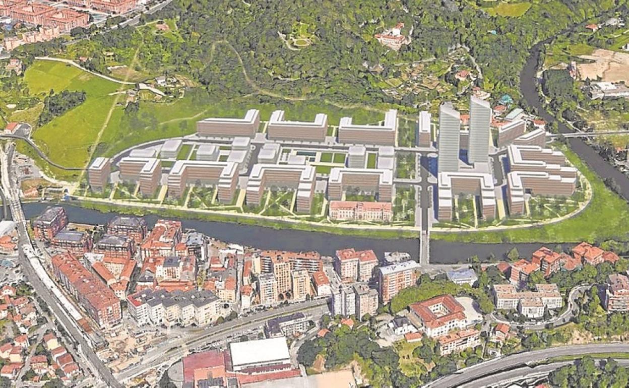 Fotomontaje del posible desarrollo urbanístico previsto por el Ayuntamiento en los terrenos de Defensa. 