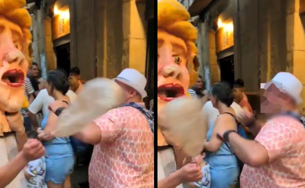 Dos momentos de la agresión que pueden verse en un vídeo grabado en la Parte Vieja donostiarra.