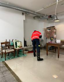 Imagen secundaria 2 - Árbol caído en el paseo Árbol de Gernika, en Donostia. Dos mujeres observan un camino inundado en Irun. Un bombero limpia un comercio en Donostia.