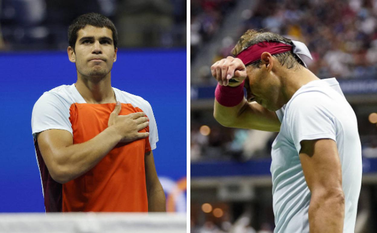Alcaraz y Nadal al finalizar sus partidos de octavos de final.