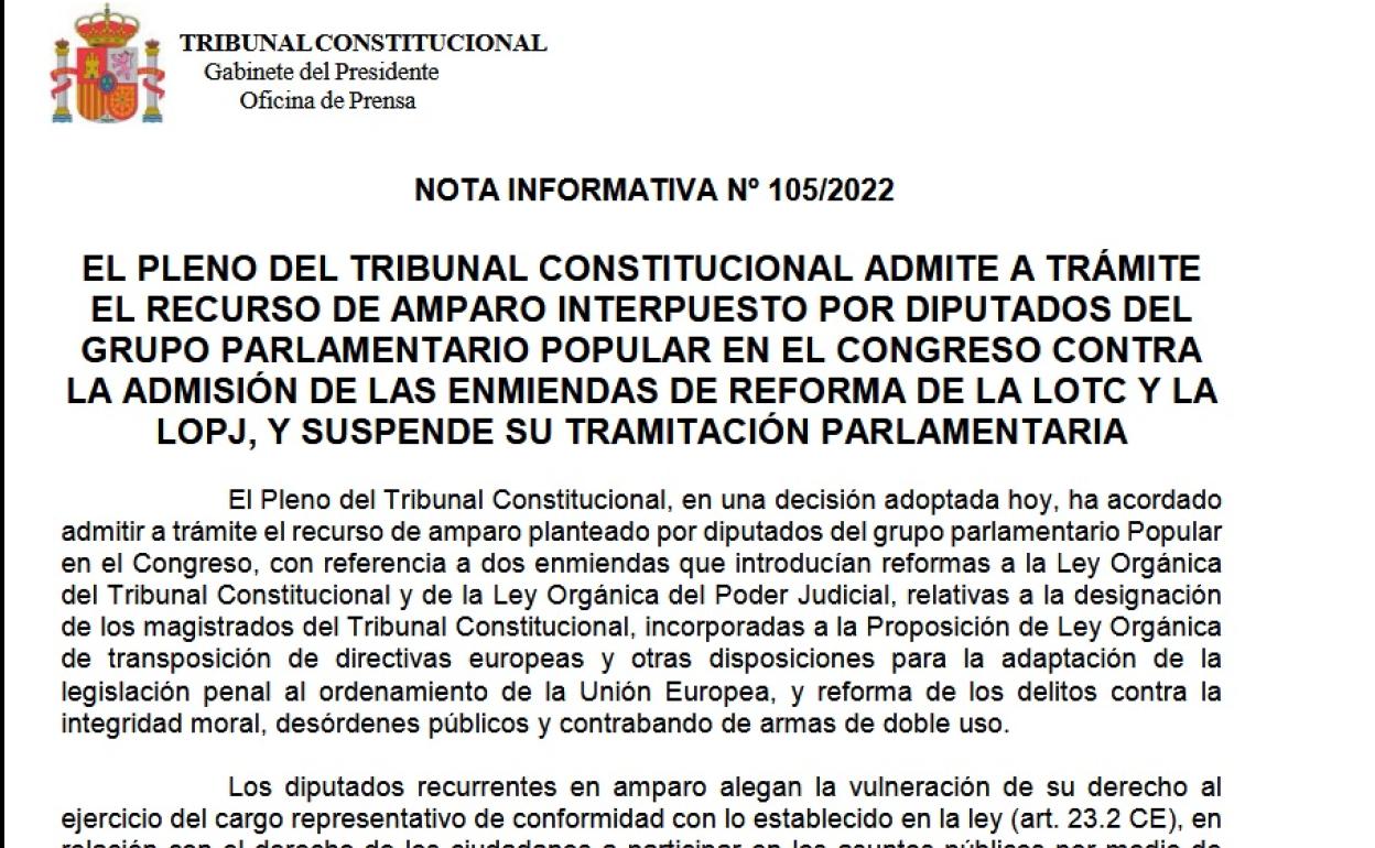 Consulta la nota íntegra del TC en la que suspende el plan judicial del Gobierno