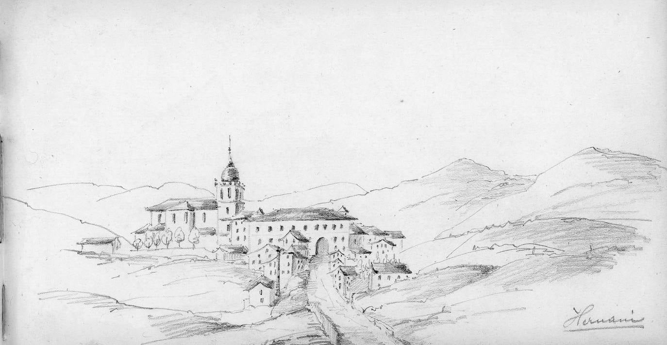 Imagen de la villa de Hernani con la parroquia de Nuestra Señora de la Asunción sobresaliendo sobre el pequeño casco urbano de la población donde destaca el gran caserón de la antigua Casa Consistorial con su arco de entrada a la villa. Este caserón fue volado en 1875 durante la última guerra carlista y reconstruido nuevamente con su imagen actual.