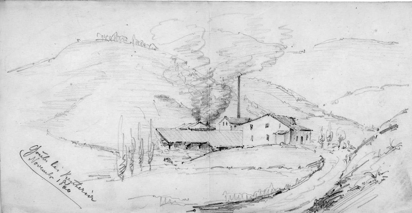 Vista del caserío y de las instalaciones mineras de San Narciso (Irun) en funcionamiento desde 1859. Del pozo San Nicolás, situado junto al caserío y propiedad de la Real Compañía Asturiana de Minas, se extraía galena argentífera, esfalerita y fluorita.