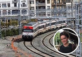 Un tren toma la curva de acceso a Gros. En el círculo, Ainhoa Altuna en Errenteria.