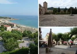 Anfiteatro de Tarragona delante del Mediterráneo. Arriba a la derecha, monasterio de Poblet. Debajo, plaza de Montblanc.