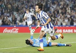 Take Kubo, celebra ayer el gol marcado ante su exequipo, el Real Madrid.