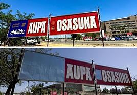 Valla colocada ayer en Sevilla cerca del estadio de La Cartuja y el resultado tras ser tapada hoy por orden de la Junta de Andalucía.