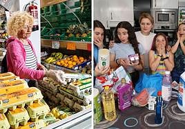 Miren López comprueba el precio de los huevos en la tienda donde compra a diario. La familia de Gisela bromea con el alto precio de la compra, algo que en cambio se toman en serio.