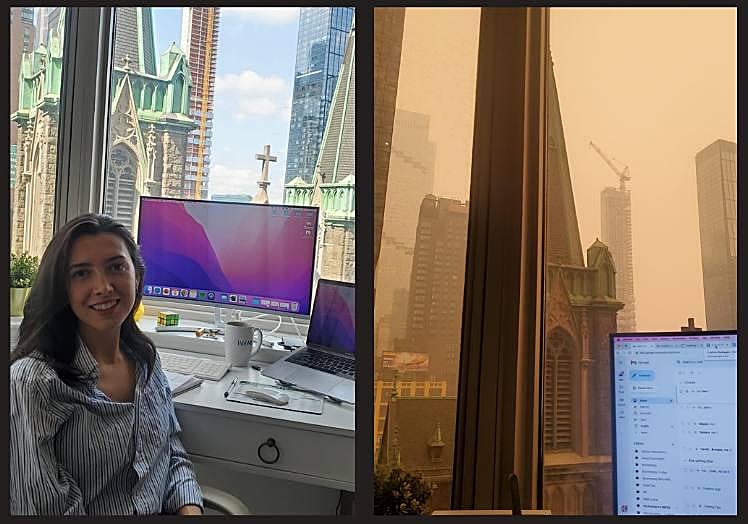 Ane junto a su ventana y su mesa de trabajo y una de las imágenes que ha tomado desde ella con el humo cubriendo Nueva York.