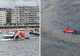 Labores de reflotamiento del barco hundido esta mañana en la bahía de la Concha.