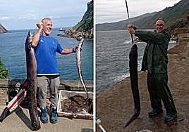 Esteban Aguado posando junto al congrio de 18 kilos.