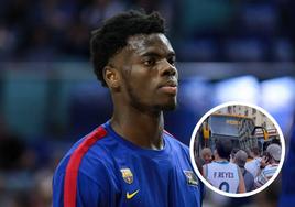 James Nnaji, pívot del Barcelona, y en la miniatura el aficionado que insulta a la plantilla culé antes del tercer partido de la final de la ACB.