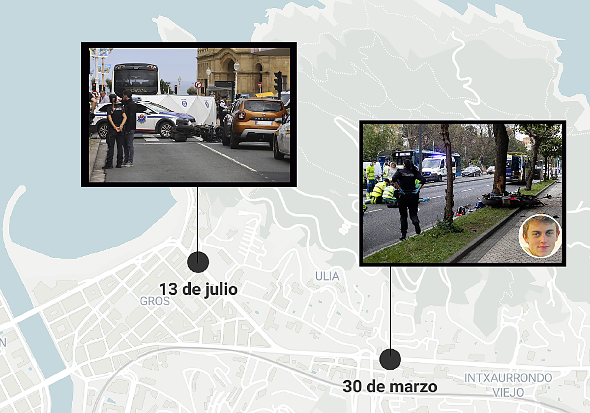 Mapa con la ubicación de los dos accidentes mortales en el casco urbano de Donostia este año.