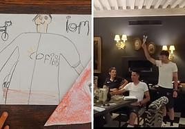 Dibujo del sobrino de Ion Izagirre felicitando a su tío e imagen de la cena del Cofidis con el guipuzcoano copa en mano.