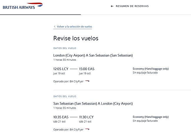 Imagen de los vuelos Londres-Donostia de la ruta entre ambos puntos el 19 y 21 de octubre en la web de British Airways.