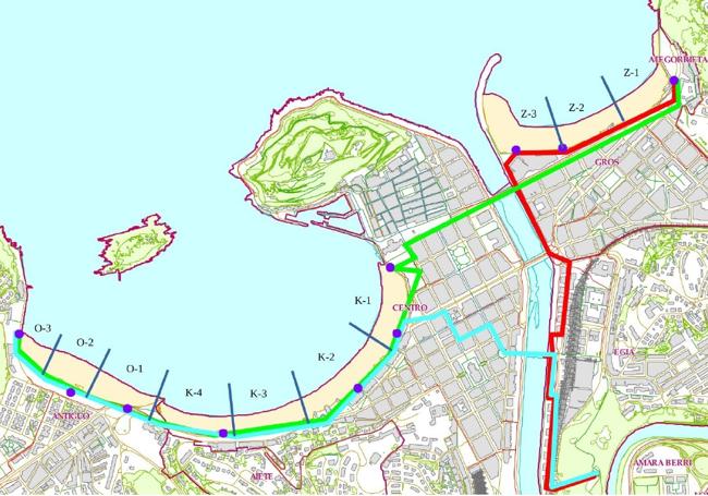 Subzonas de las tres playas de Donostia incluidas en el protocolo ante el avistamiento de carabelas portuguesas