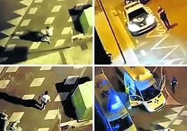 Secuencia desde que un hombre, al parecer, apuñala a otro en una vía pública de Pasai Antxo hasta que llegan varias patrullas de la Ertzaintza y ambulancias para atender a la víctima.