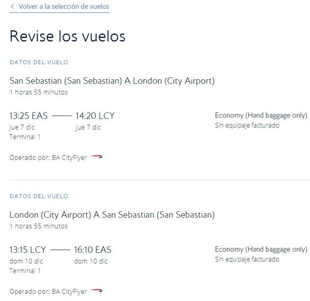 Imagen de los vuelos Londres-Donostia de la ruta entre ambos puntos el 7 y 10 de diciembre en la web de British Airways.