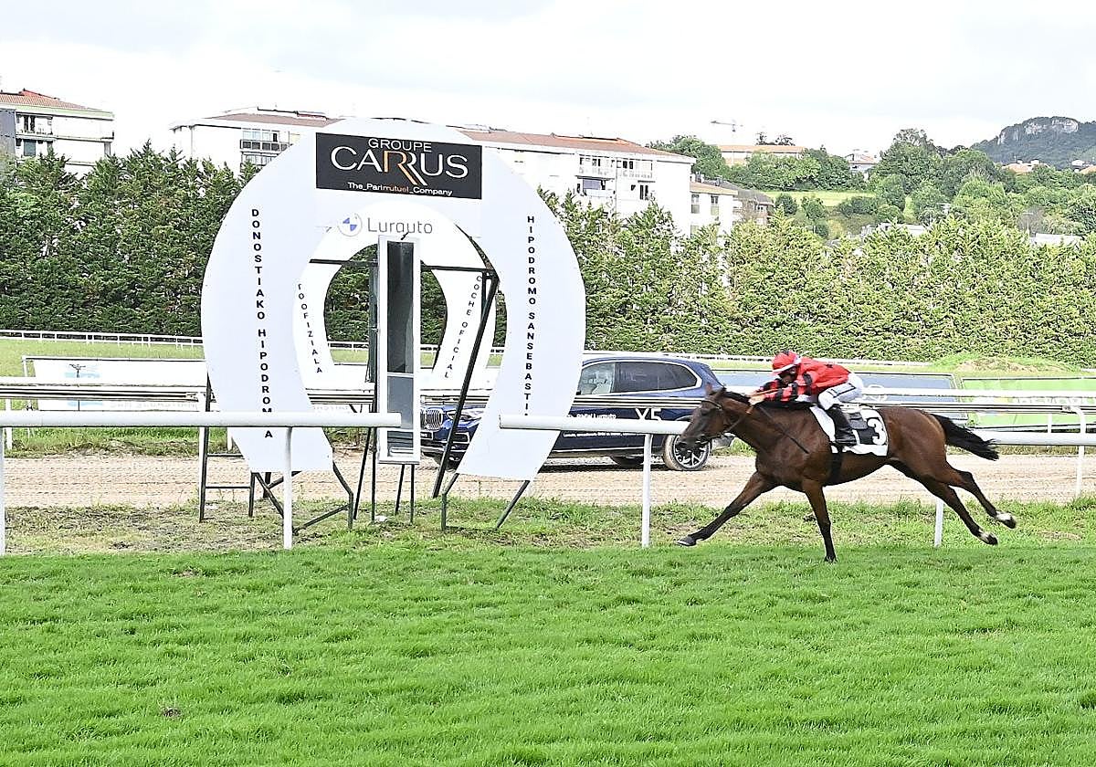 'Sir Polo', con la monta de Fernández, se dispone a rebasar la línea de meta en solitario ayer en el hipódromo donostiarra demostrando todo su valor.