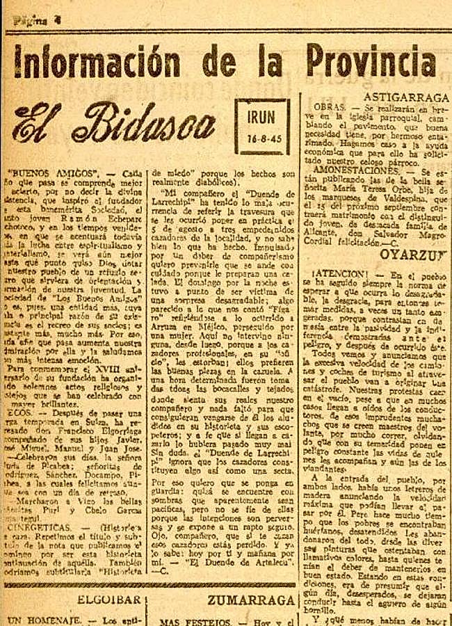 Parte de las crónicas locales publicadas por DV el 16 de agosto de 1945.