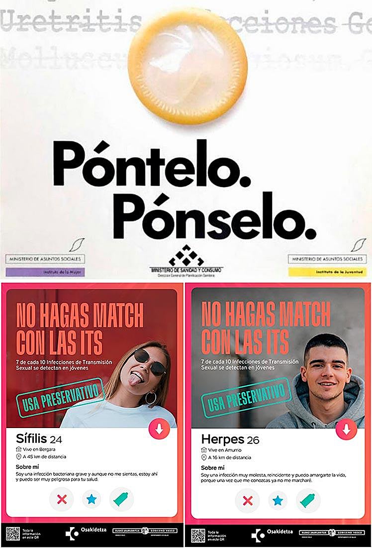 Arriba, la campaña 'Póntelo, pónselo' promovida por en Ministerio de Asuntos Sociales en 1990. Abajo, la campaña 2023 'No hagas match con las ITS' del Gobierno vasco, que apela directamente a jóvenes que usan aplicaciones de citas.